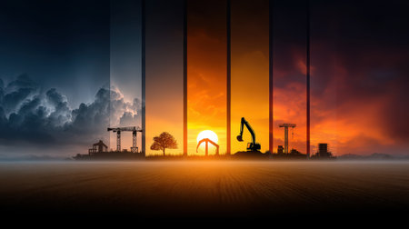 Construction site silhouette with crane and excavator at sunset, dramatic sky with clouds and warm glowing horizonの素材