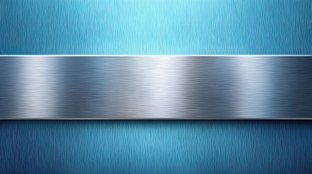 Brushed metal texture with horizontal lines on silver plate and blue background creating sleek modern designの素材
