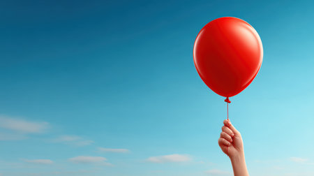Red balloon held by hand against clear blue sky, symbolizing joy and celebration in bright daylightの素材