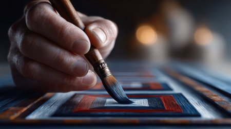 Hand holding paintbrush creating colorful geometric pattern on canvas with soft candlelight in background, artistic and focused momentの素材