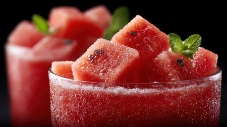 Watermelon cubes with fresh mint leaves in glass filled with sparkling water, refreshing summer fruit drink with bubbles and vibrant red colorの素材