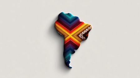 South America map shaped textile with colorful traditional pattern and vibrant design on white backgroundの素材