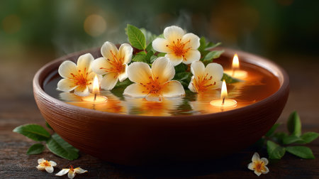 Soft yellow flower petals float in wooden bowl with warm candlelight, creating peaceful and calming atmosphere for relaxation and spaの素材