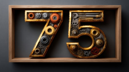 Steampunk style number seventy five with metallic gears and mechanical parts in wooden frame, showing industrial and vintage designの素材