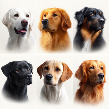 Six dog portraits with different fur colors showing attentive and calm expressions in clean white backgroundの素材