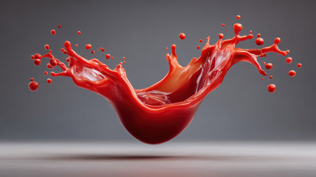 Red liquid splash captured in mid air with droplets flying dynamically against neutral gray background, showing fluid motion and energyの素材
