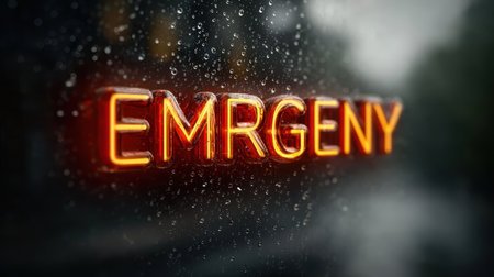 Emergency sign glowing with rain droplets on glass, creating moody and urgent atmosphere in low lightの素材