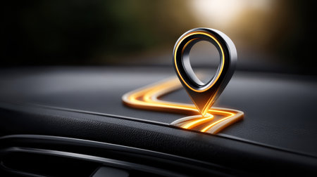 Location pin icon on car dashboard with glowing route line, symbolizing navigation and travel guidance in modern vehicle technologyの素材