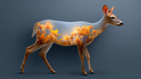 Doe silhouette with delicate floral patterns integrated into body, glowing autumn leaves creating warm, magical effectの素材