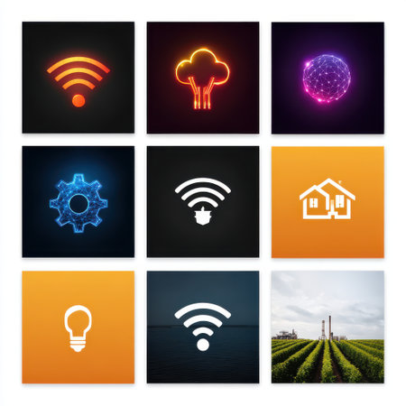 Wireless network icon cloud computing digital globe gear symbol smart home light bulb and agricultural field with factory background technologyの素材