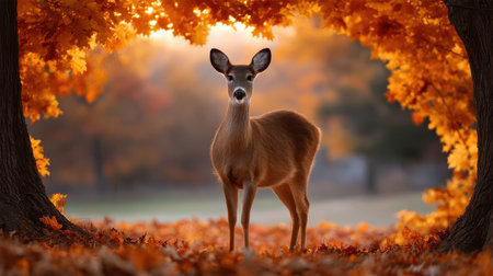 Deer silhouette framed by autumn leaves with warm orange foliage creating seasonal beauty in peaceful natural settingの素材