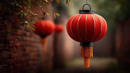 Red lantern hanging outdoors with blurred background and green leaves, creating festive and warm atmosphere for celebrationの素材
