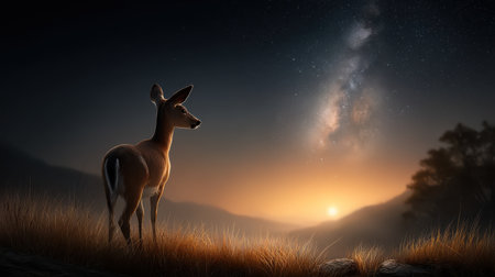 Deer silhouette standing on grass hill gazing at glowing sunset and starry night sky with Milky Way, peaceful nature scene with wonderの素材