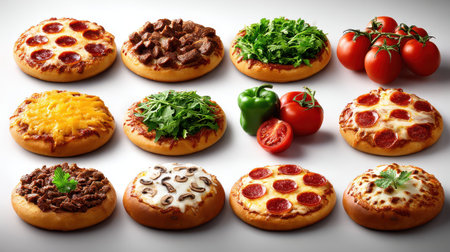 Mini pizza with pepperoni, beef, cheese, arugula, mushrooms, and fresh vegetables, delicious variety for tasty mealの素材