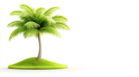 Single palm tree with detailed leaves and lush green grass on small island isolated on white background, evoking calm tropical vibeの素材