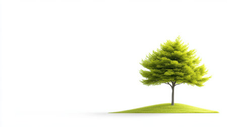 Green tree with layered branches on grassy hill isolated on white background, bright and fresh natural outdoor sceneの素材