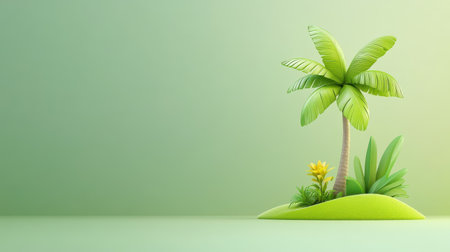 Tropical island with palm tree and green plants on smooth surface, bright natural light creating fresh and calm atmosphereの素材