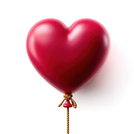 Red heart balloon with shiny surface tied with brown rope isolated on white background, symbol of love and celebrationの素材