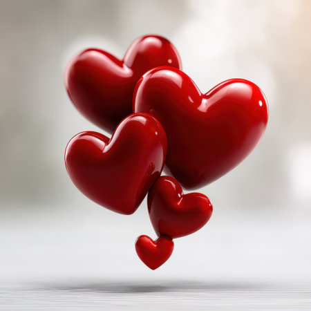 Red heart shapes floating with soft shadows on blurred background, symbolizing love and affection in warm, romantic atmosphereの素材