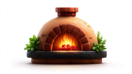 Traditional brick pizza oven with fire burning inside, cozy warm atmosphere with green plants on white backgroundの素材