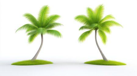 Pair of green coconut trees bending over small grassy islands with bright lighting isolated on white backgroundの素材