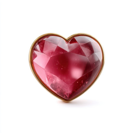 Glossy red heart shaped gem with golden border shines brightly on white background, evoking feelings of love and eleganceの素材