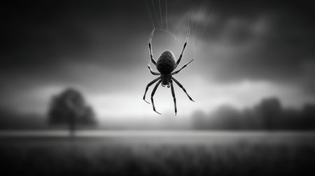 A haunting close-up image showcasing a spider suspended in its delicate web, surrounded by a moody monochrome landscape, evoking intrigue and emotion.の素材