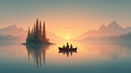 Experience a serene moment as adventurers enjoy a peaceful canoe ride on a tranquil lake at sunset, surrounded by majestic mountains and lush greenery.の素材