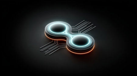 This image features a captivating futuristic technology concept with glowing neon lines and two spherical forms, set against a dark background, perfect for digital projects.の素材