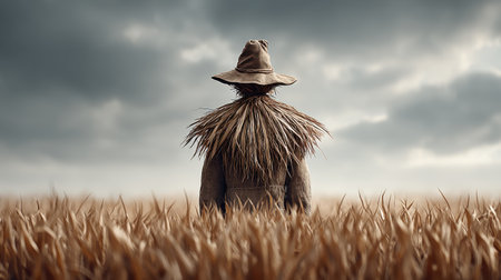 A lone scarecrow stands in a field of ripe wheat, its straw-covered shoulders creating a striking silhouette against the dramatic, cloudy sky.の素材