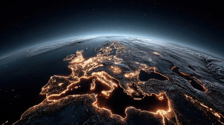 A breathtaking aerial view of Europe at night, showcasing illuminated city lights against the dark backdrop of space. This image captures the stunning contrast between civilization and the natural landscape, emphasizing geography and beauty.の素材