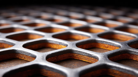 Metal grid with square holes and warm light shining through, creating textured and industrial pattern with depth and contrastの素材