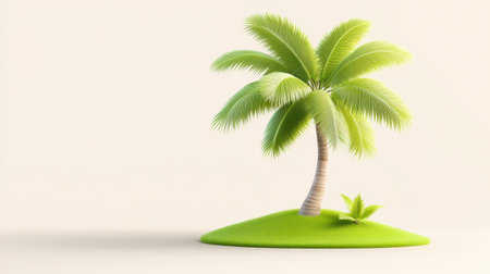 Palm tree with curved trunk and vivid fronds isolated on small green island with soft shadow and bright background, tropical nature sceneの素材