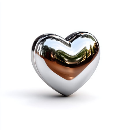 Metallic heart shape with reflective chrome surface showing outdoor scenery, isolated on white background with smooth shiny textureの素材
