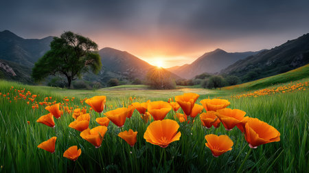 Sunset over field of vibrant orange poppies with green grass, trees, and mountains creating peaceful and warm natural landscapeの素材