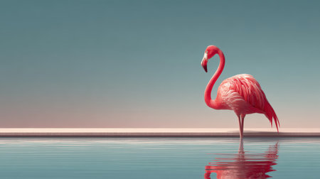 A stunning image of a pink flamingo standing alone by a tranquil water surface, perfectly reflecting the soft sunrise light, creating a serene atmosphere.の素材