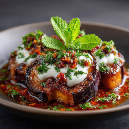 Enjoy a vibrant dish of grilled eggplant slices topped with a spicy herb sauce and yogurt. Perfectly garnished with fresh mint and vibrant spices, this plate is a feast for the eyes.の素材