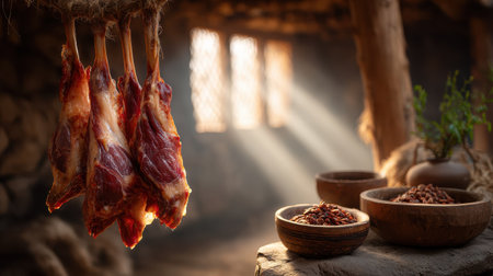Capture the essence of a rustic kitchen with dried meat hanging in natural light. This atmospheric setting invites nostalgia and culinary tradition, perfect for food-related projects.の素材