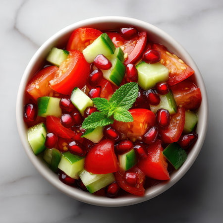 A vibrant bowl of fresh salad featuring ripe tomatoes, crunchy cucumbers, and juicy pomegranates, garnished with a mint leaf. Perfect for a healthy meal.の素材