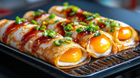 A beautifully presented breakfast dish featuring rolled eggs with green onions and sauce. Perfect for culinary enthusiasts seeking inspiration.の素材
