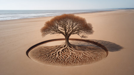 Overhead shot of a Celtic Tree of Life drawn in sand, temporary art, nature connection.の素材