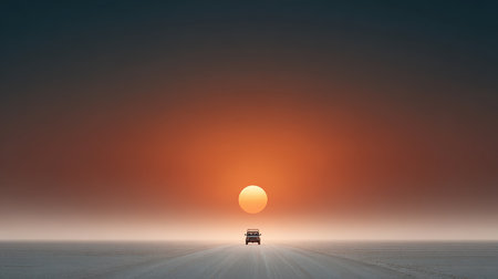 A lone vehicle driving into the desert sunrise, adventure journey, vastness.の素材