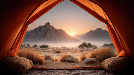 A tent pitched in the desert, sunrise peeking over horizon, adventure and tranquility.の素材