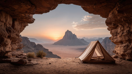 A tent pitched in the desert, sunrise peeking over horizon, adventure and tranquility.の素材