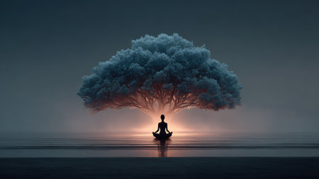 A person meditating beneath an ethereal Celtic Tree of Life, spiritual connection.の素材
