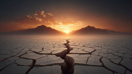 Close-up of desert cracked earth under the soft light of sunrise, harsh beauty.の素材