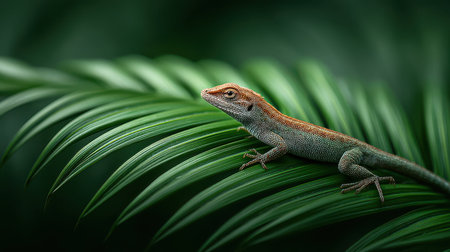 This stunning image captures a lizard resting elegantly on a palm leaf in a vibrant tropical setting. The intricate details of its scales and the lush green surroundings highlight nature's beauty and diversity, creating a tranquil scene ideal for wildlife enthusiasts.の素材