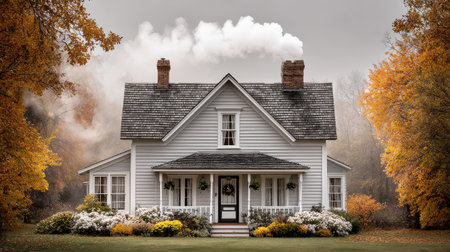 A charming country house nestled among vibrant autumn foliage, with soft smoke rising from the chimney. This serene scene captures the essence of rural beauty.の素材