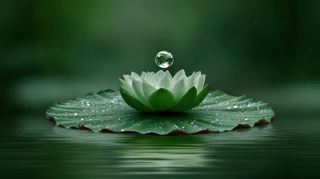 This enchanting image showcases a pristine lotus flower gracefully resting on a lush green leaf, highlighted by a delicate water droplet reflecting the beauty of nature.の素材
