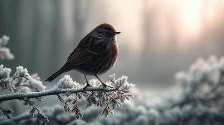 A beautiful bird elegantly perched on a frosty branch during a serene winter morning, showcasing the tranquil beauty of nature in soft light.の素材